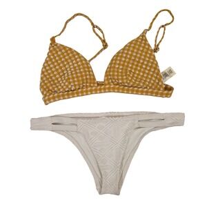 Vitamin A Gingham Triangle Top Crochet Bottom Bikini Set Gold White Medium 8